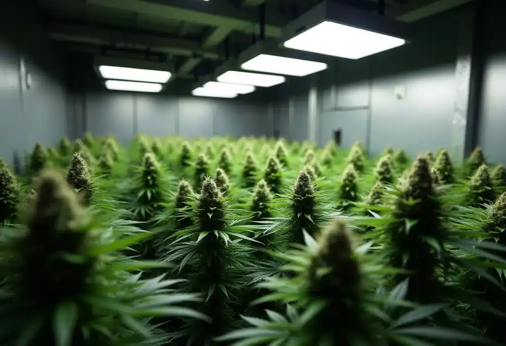 Critical Bubba Kush flourishing under LED lights in an indoor grow setup. This strain offers dense buds, strong aromas, and consistent growth indoors.