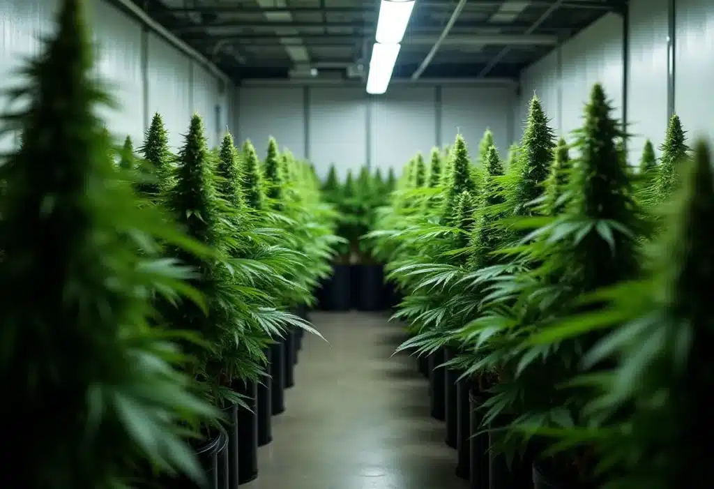 Critical Mass Auto flowering indoors under LED lights, producing resinous, compact buds with a sweet aroma and reliable, fast autoflowering genetics.