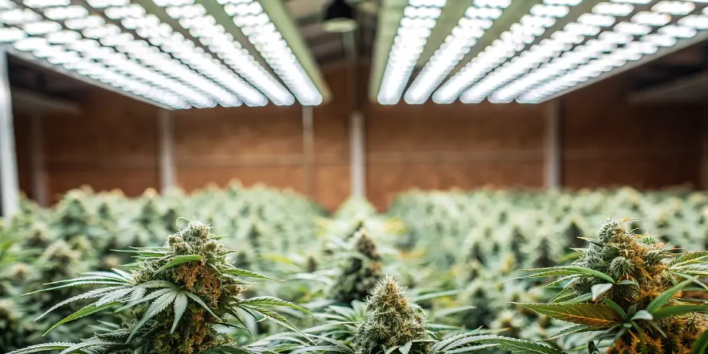 Overhead view of a modern indoor cannabis farm with grow lights.