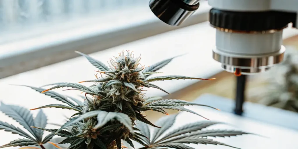 Close-up of a cannabis bud with trichomes near a microscope.