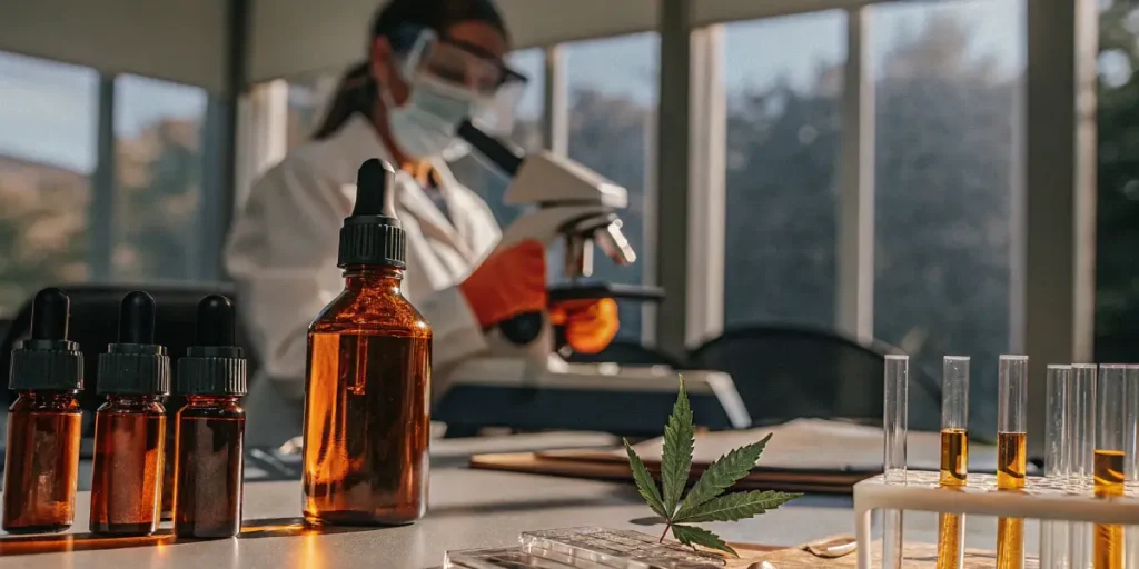 Lab table with cannabis products, a scientist working with a microscope.