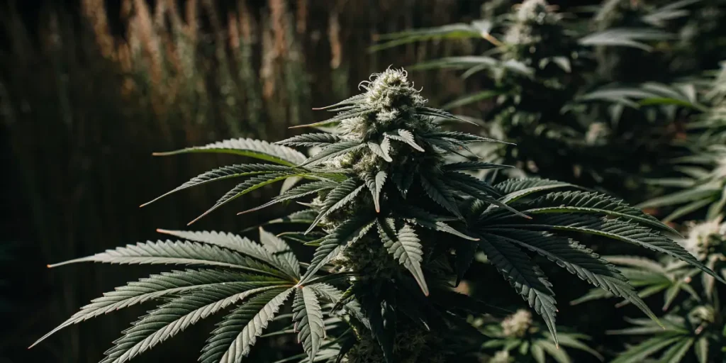 Lush cannabis plant in full bloom with dense buds and rich green leaves.