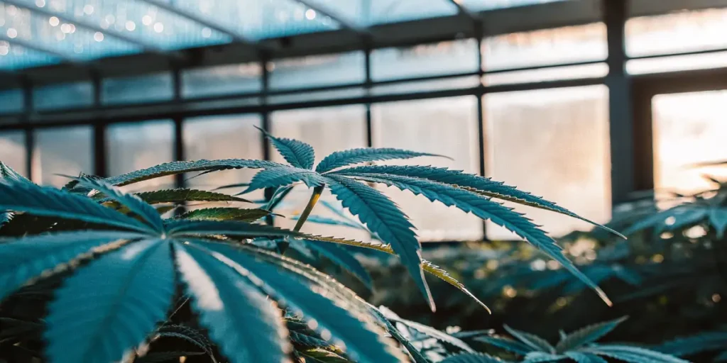 Lush cannabis plant with blue-green leaves, sunlit greenhouse background.