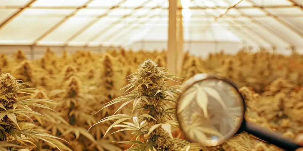 Highly detailed cannabis bud being inspected with a magnifying glass in a grow room.