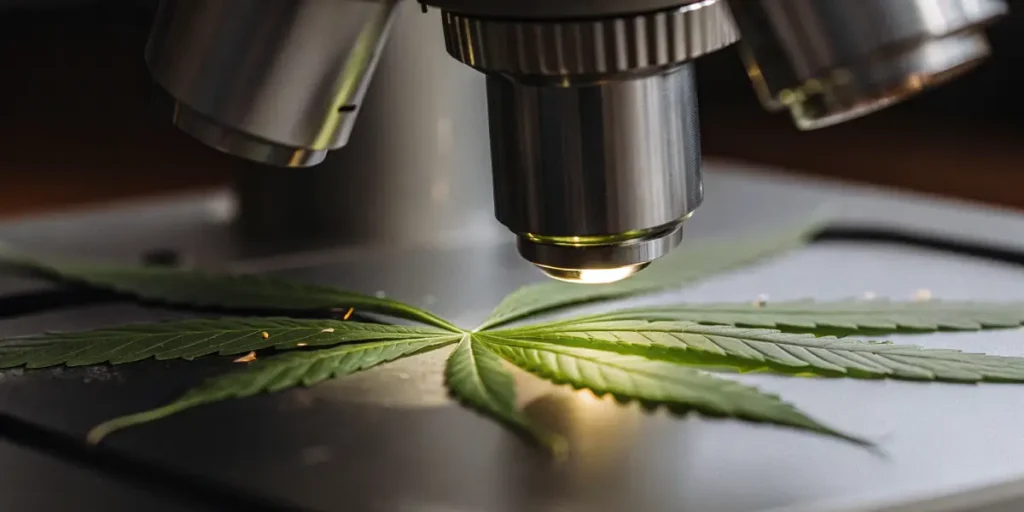 Close-up of a marijuana leaf under a microscope for scientific analysis.