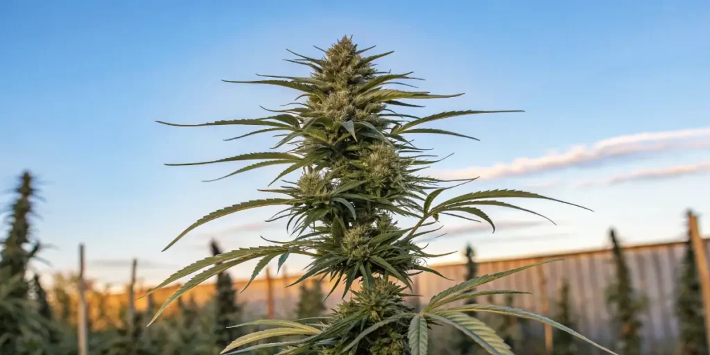 A fully mature cannabis plant with buds stands tall in a field against a blue sky.