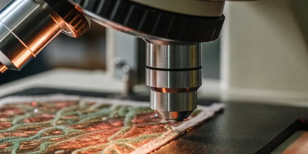 Microscopic view of a complex, colorful pattern on a slide.