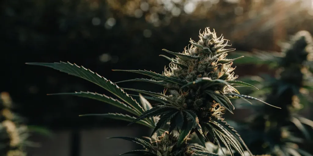 Highly detailed close-up of a cannabis bud glistening in golden outdoor light.