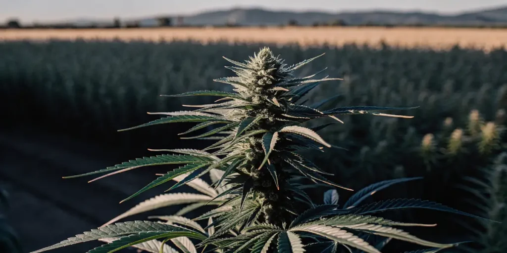 A healthy cannabis plant with a dense bud in an outdoor field at dusk.