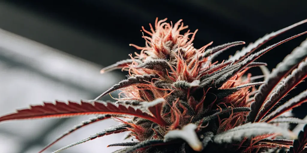 Macro photograph of a cannabis bud with red hairs and glistening trichomes.