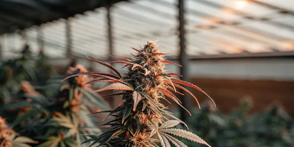 Close-up of a mature cannabis bud with reddish leaves in a greenhouse.