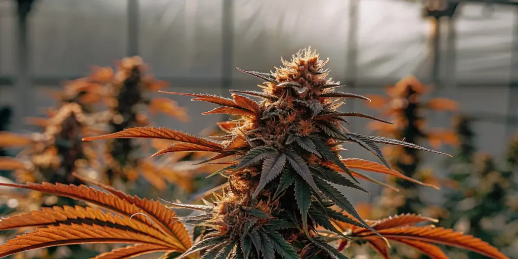 Close-up of a dense cannabis bud with reddish leaves under natural light.