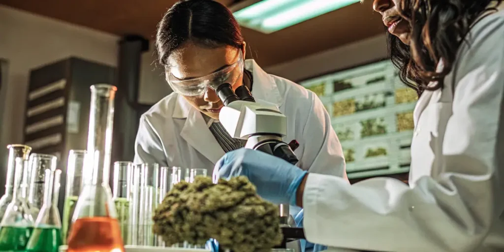 Scientists in a lab examining cannabis under a microscope, surrounded by beakers.