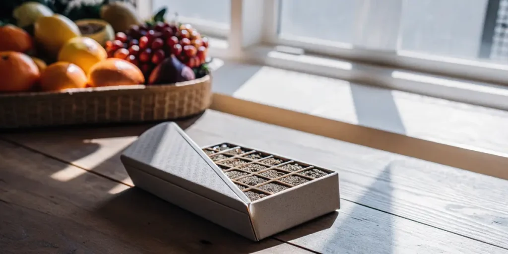 A decorative box of cannabis seeds on a wooden table, fruit basket in background.