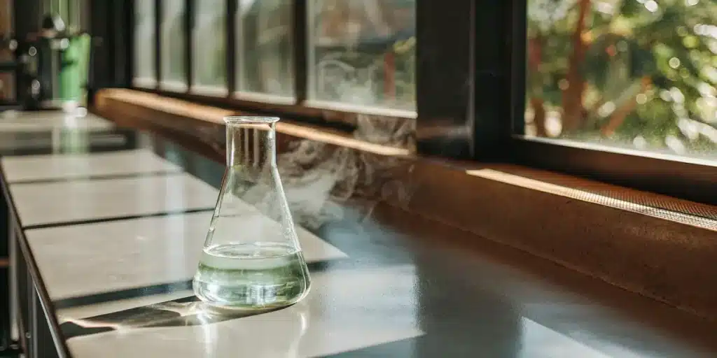 A steaming Erlenmeyer flask with a clear liquid on a lab bench.