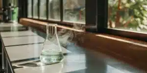 A steaming Erlenmeyer flask with a clear liquid on a lab bench.