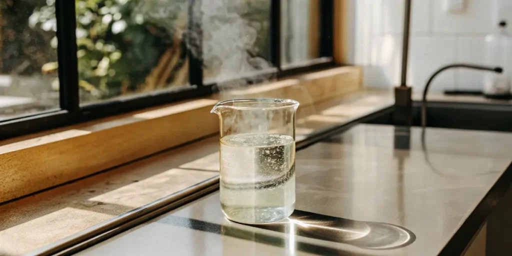 A steaming glass beaker with a clear liquid on a metal countertop.