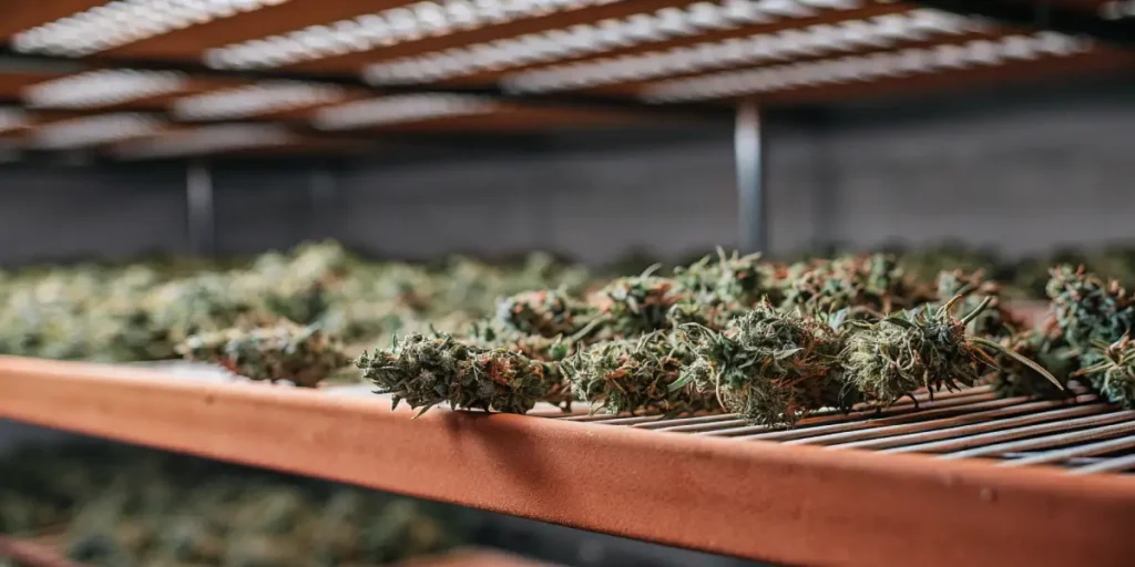 Macro photograph of sticky cannabis buds curing on a metal rack.