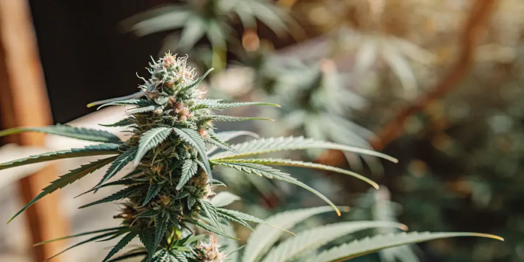 Highly detailed cannabis bud with a pinkish hue in golden sunlit background.