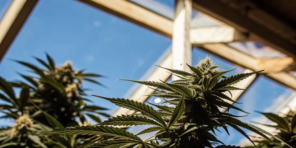 Close-up of sunlit cannabis buds with frosted trichomes, blue sky background.