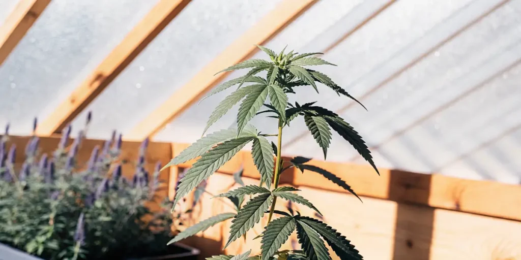 A lush cannabis plant in a sunlit greenhouse with a wooden frame.