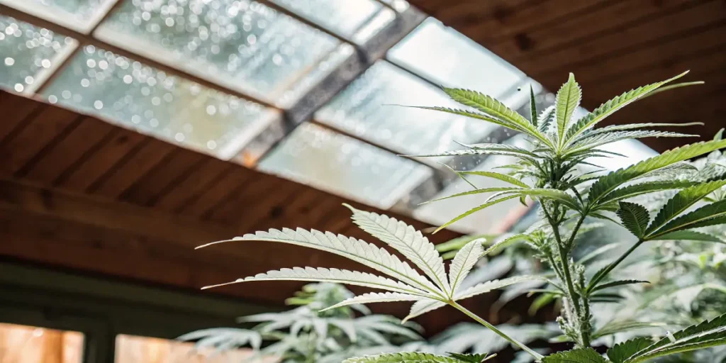 Close-up of a vibrant green cannabis plant under a sunlit greenhouse roof.