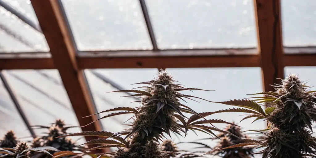 Close-up of cannabis buds with frosty trichomes and reddish leaves in a greenhouse.