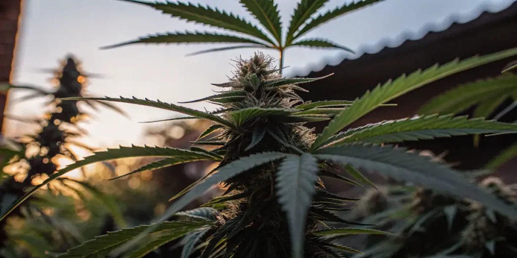 Close-up of vibrant cannabis buds glistening in the golden sunset light.