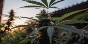 Close-up of vibrant cannabis buds glistening in the golden sunset light.