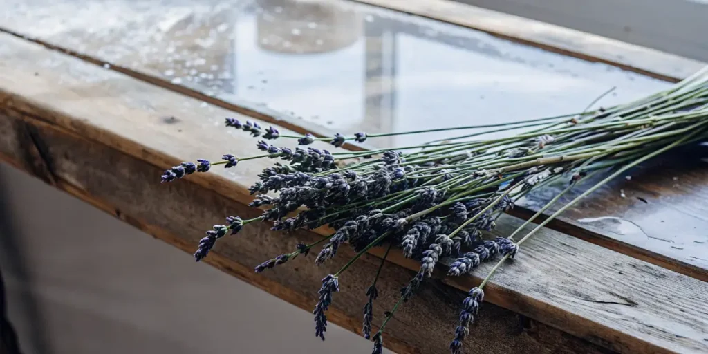 Bunch of fresh lavender on a wet wooden surface, natural light.