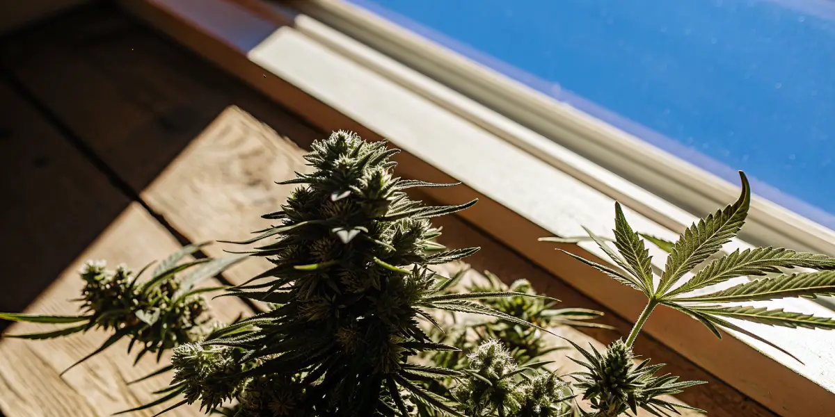 Macro photo of a cannabis flower on a wooden surface with a blue sky background.