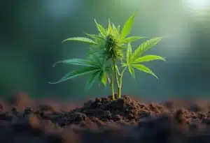 Young Critical Blue cannabis plant growing with first buds.