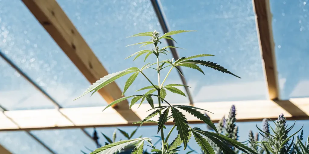 A young cannabis plant in a sunlit greenhouse with a clear sky visible.