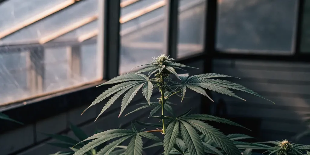 Close-up of a young cannabis plant with fresh buds in a greenhouse.