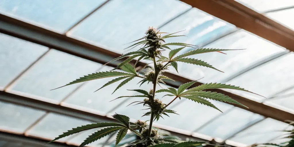 Close-up of cannabis plant with resinous buds inside a greenhouse.