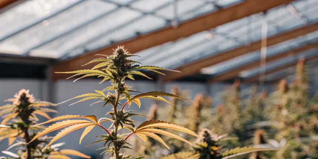 Cannabis plant with healthy internodes growing tall in greenhouse lighting.