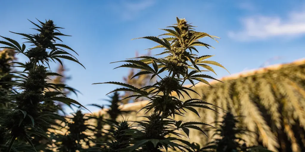Macro photo of cannabis plant with dense buds after flowering stage.