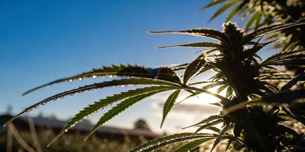Macro shot of cannabis leaf and bud with water droplets at sunrise.