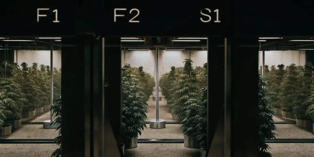 Advanced cannabis cultivation chamber labeled F2 with healthy plants under LED grow lights.