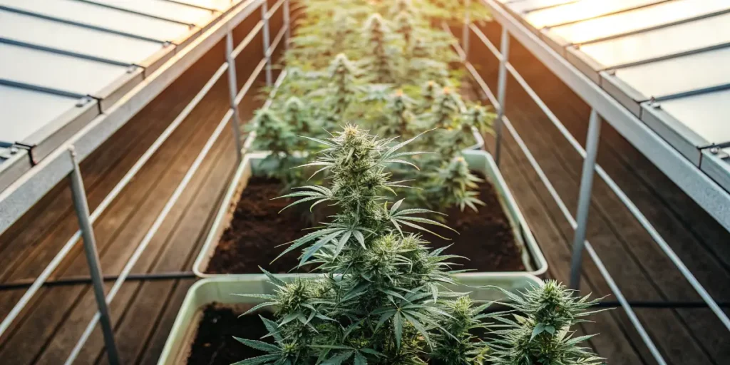 Autoflower cannabis plants growing in rows inside a greenhouse with natural sunlight.