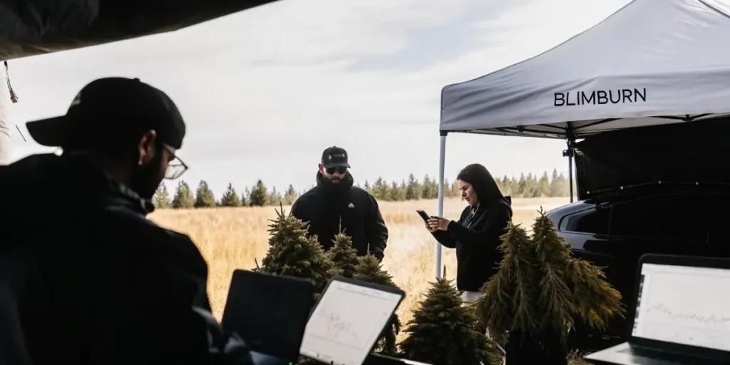 Blimburn team analyzing cannabis harvest data using laptops under a tent in the field.
