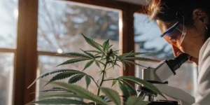 Gros plan d’une scientifique observant une plante de cannabis sous un microscope en laboratoire.