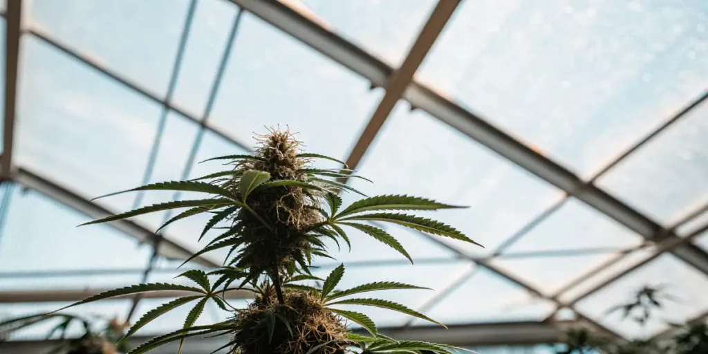 Plante de cannabis avec bourgeon principal en serre sous un toit en verre.