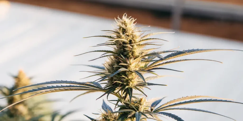 Cannabis plant with dense bud and trichomes growing in a greenhouse.