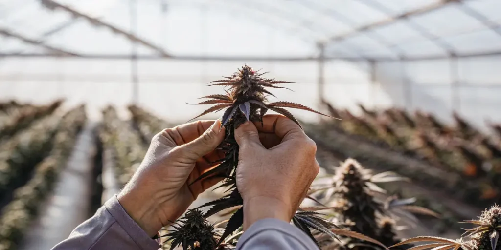 Grower inspecting a cannabis bud with purple leaves in a greenhouse