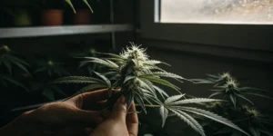 Hands holding a cannabis bud during close inspection under indoor light.