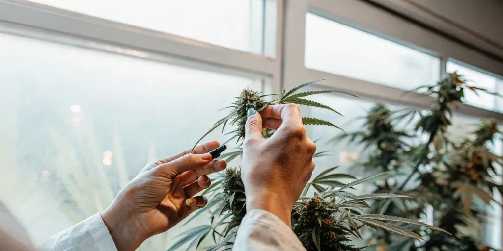 Close-up of hands inspecting a cannabis bud in an indoor grow room.