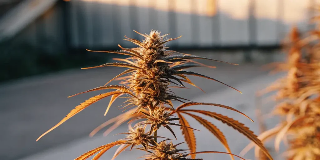 Macro image of cannabis bud with trichomes and vibrant leaves.