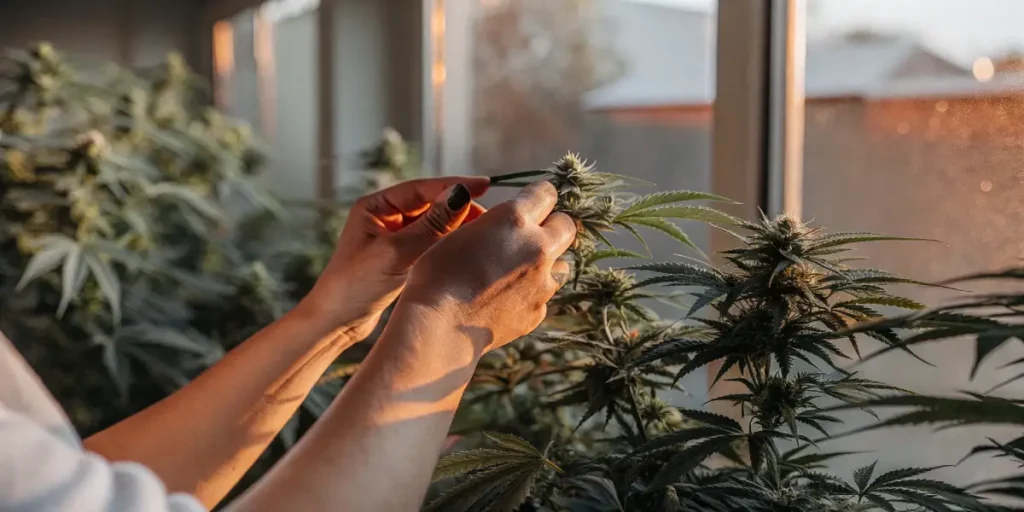Hands carefully pruning a cannabis bud under warm sunset light.