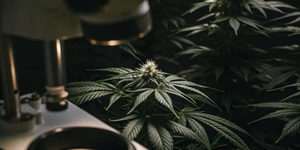 Cannabis bud inspected under a laboratory microscope with dark background.